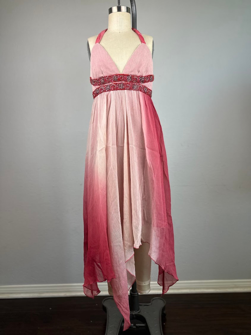 Express Pink Ombre Halter Maxi Fairy Dress Beaded Empire Waist Asymmetrical Hem